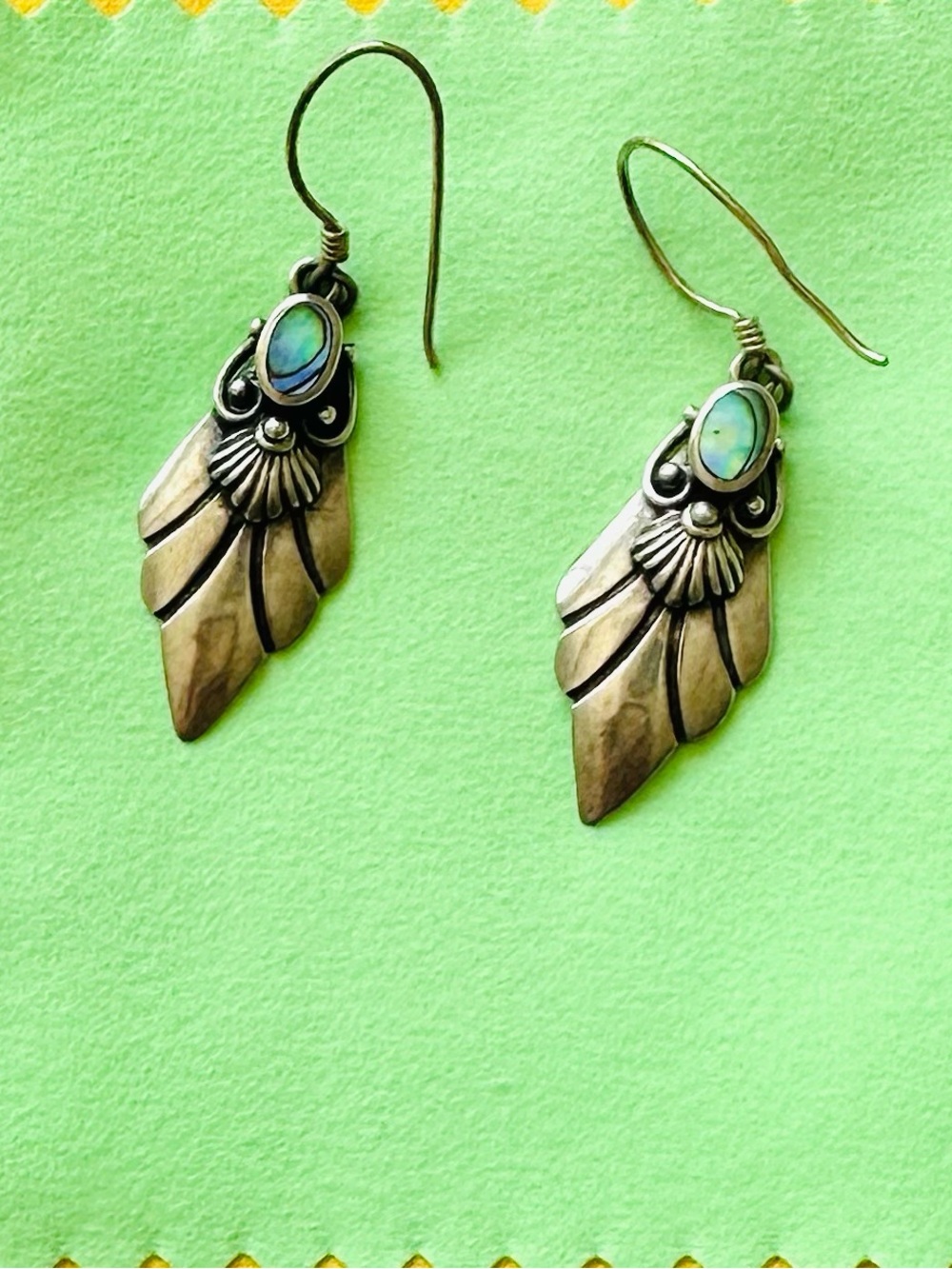 Vtg Taxco Mexican Sterling Silver Abalone Teardrop Wing Earrings - Green/Blue